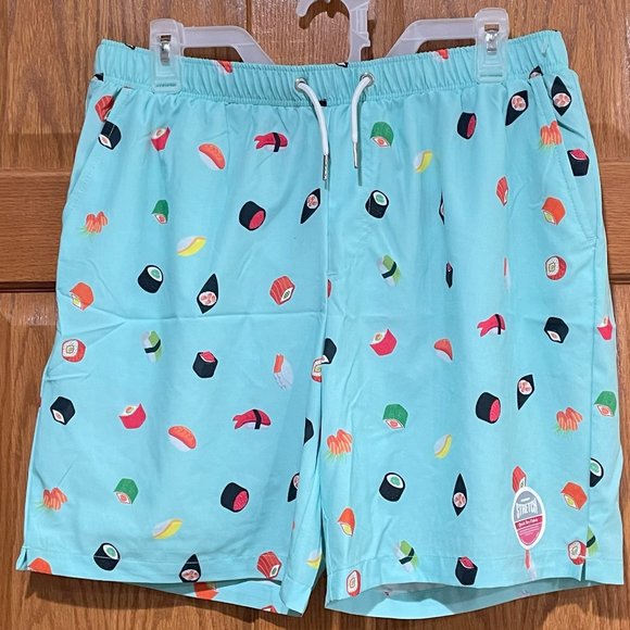 MOSMANN AUSTRALIA Men's XL Swim Trunks Shorts Mesh Liner Stretch Blue Sushi NWT - Picture 1 of 5